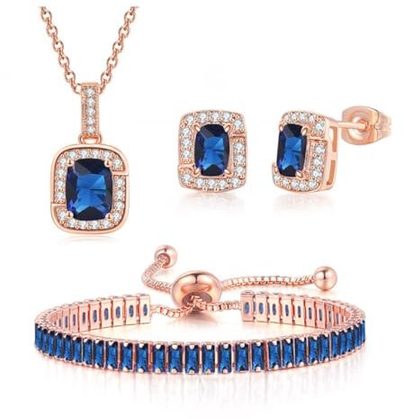 FDEETY Jewellery Set for Women Cubic Zirconia Bridal Pendant Necklace Bracelet and Earrings Set Gifts Wedding Bride Bridesmaids (Blue)