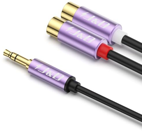 J&D 3.5mm to 2 RCA Cable, Gold Plated Male to Female Stereo Audio Adapter Extension Cable, Purple Shell Heavy Duty, 0.3 Meter/1 Feet