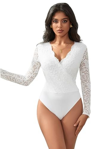 comeondear Women's White Lace Bodysuit Mesh Long Sleeve Leotard Clubwear Top XXL