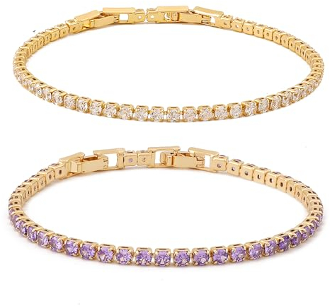 Zoomers Tennisarmband Set. Tennisarmband Gold mit Zirkonia. Tennis Bracelet Verstellbarer Länge 17-19CM. 2PC Armbänder Set.Tennis Armband Damen Lila