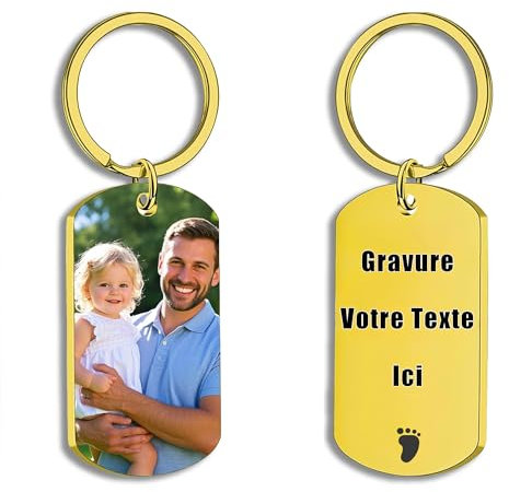 Porte Clef Personnalisable Porte Clé Photo Personnalisé Ajouter Une Image/Un Texte Cadeau Saint Valentin Homme,En Acier Inoxydable (Or)