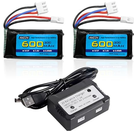 AMZZN 2 pièces 7,4V 600mAh 35C 2S Lipo Batterie Molex Prise avec Chargeur 2 en 1 Convient pour FMS FCX24 RC Voiture, Camion, Télécommande Électrique Climbing Véhicule FCX24 Batterie