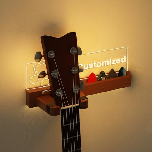 CoolGift Mart Customized Wand-Gitarrenständer mit LED-Beleuchtung - USB-betrieben, Musiknoten Design, Pick-Halter - Premium-Holz und Acryl