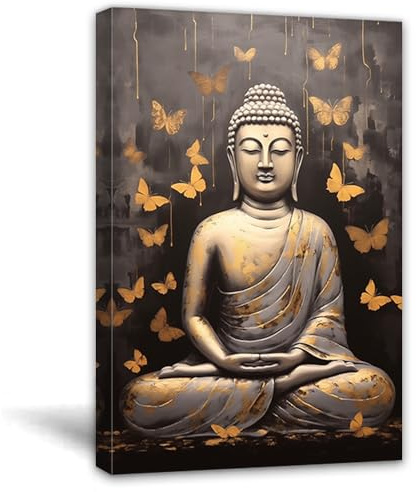 ZQQART Zen Wandbild auf Leinwand Buddha Gemälde Druck Retro Buddha und goldene Schmetterlinge Bilddrucke Moderne Meditationsraumdekoration(Buddha A,60x90cm)