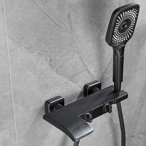 XJTNLB Rubinetto Vasca Cascata Nero Rubinetto Doccia Parete con Display Led Miscelatore Vasca da Bagno con 3 Funzioni Doccetta