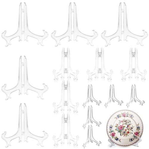 SHANGFENG 15 Pcs Folding Plate Holder Clear Plastic Decorative Plate Stand 3'', 5''and 7'' for Displaying Cards at Weddings, Home Decoration, Birthdays, Tables