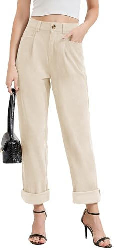 Alaster Queen Pantaloni da donna in corduroy con vita elastica, pantaloni da donna per l'abbigliamento casual da strada, beige., L