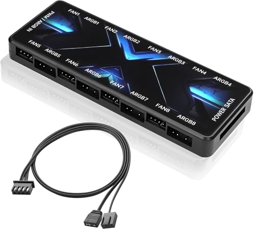 MEIRIYFA ARGB PWM Controller Hub 12V 4Pin PWM & 5V 3Pin ARGB mit SATA Power 2-in-1 Hub 8-Wege PC Fall Fan Controller für LEDs, Computer