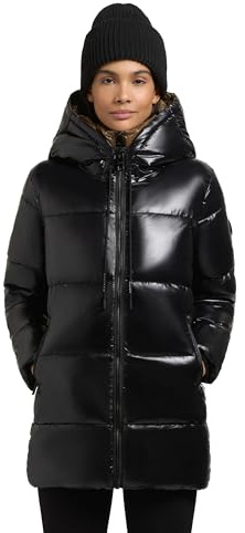 khujo Damen kurzer Wintermantel warmer Steppmantel mit Kapuze in glänzender Optik Grana-YM Black Gr. L