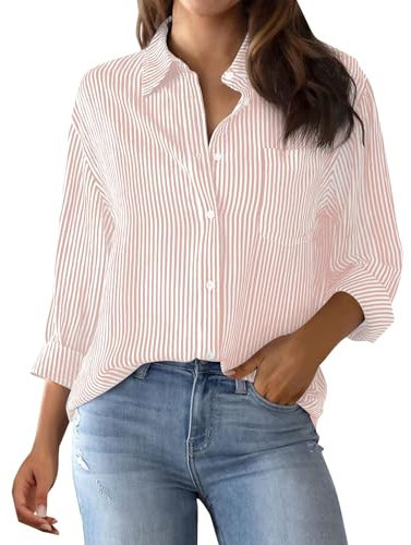 Chemisier Femme Chic Et éLégant, Chemise Femme Rayée Boutonnée Col Montant Chemise Ample DéContractée à Manches Longues avec Poches Haut De Chemise De Travail Classique, Rose, XL