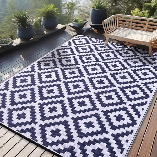 Homaxy Outdoor Teppich Wetterfest, Kunststoff Stroh UV-beständig Wendbar Faltbar Waschbar Balkon Garten Teppich für Terrasse Camping Picknick (240 x 300 cm, Marine Blau & Weiß)