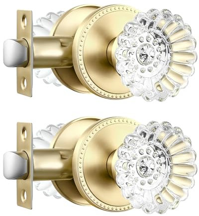 Leydebong 2 Pack Crystal Door Knobs Interior Passage Door Knobs No Lock Crystal Door Knobs for Hall/Closet, Satin Brass Vintage Door Knob with Victorian Plate Rosettes