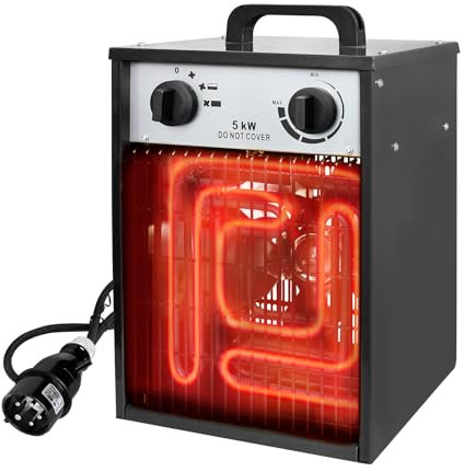 NAIZY Elektroheizung 5KW Heizlüfter 400V Heizgebläse Heater Heizungslüfter mit Thermostat & 4-Heizstufen Elektroheizer Überlastschutz Werkstattheizung Bauheizer, für Garagen, Werkstätten (Schwarz)