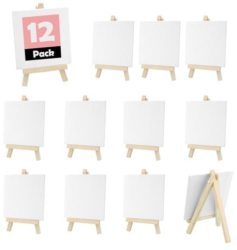 12PCS Mini Canvas and Easel, SHAIDOJIO 8x15cm Mini Easels with 10x10cm Mini Canvas, Foldable Mini Easel Stand for Display, Small Wooden Tabletop Canva Stand for Photos Drawing Postcards Phones Menus