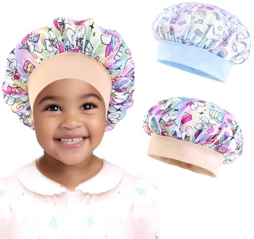AOOTUERL Gorro de Satén para Dormir de Doble Capa - 2 Piezas Ajustable de Seda Suave con Banda Ancha Elástica para Niños y Bebés - Transpirable Nocturno