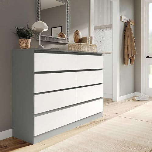 URBNLIVING Modern Grey Wooden Chest with White 8 Drawers for Bedroom Office Storage Versatile Bedside Table Stylish Cabinet for Organizing Clothes Accessories Work Place Supplies and Personal Items