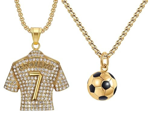 2 Stück Halskette Set Gold Fußball Anhänger Trikot Nr.7 Fussball Jersey Halskette Gold Silber Kette Fussball Anhänger Charme Schmuck für Jungen und Herren Geschenk für Sportfan Fußballmannschaft