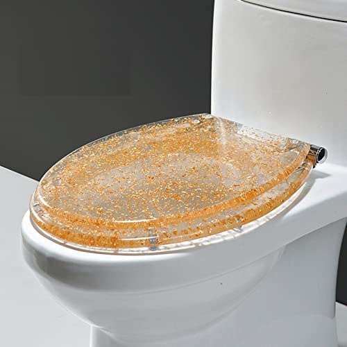Glitter Slow Close Round Toilet Seats with Cover, Durable Resin Glitter Toilet Seat,Universal Quiet-Close Toilet Lid(Gold 1)