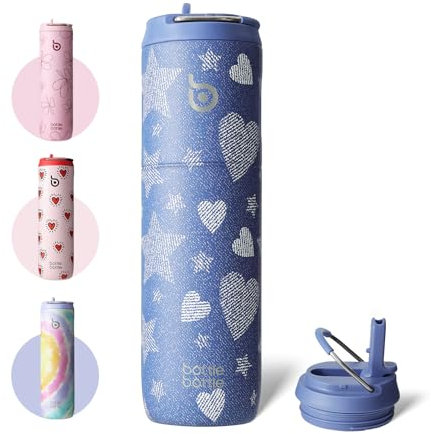 BOTTLE BOTTLE Bouteille isotherme 710 ml Gourde isotherme avec Paille Gourde sport à double paroi en acier inoxydable pour voyager, sports(Denim Beats)