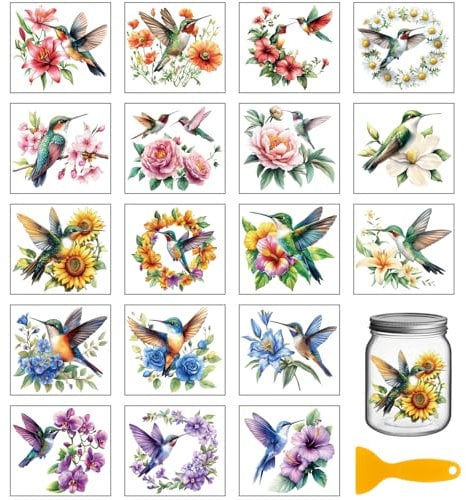 GLOBLELAND 18 Blatt Kolibris Und Blumen Zum Aufreiben von Transfers Zum Basteln Pfingstrosen Blumen Tiere Wasserfest UV DTF Cup Wraps Aufkleber Für Wasserglas Flaschen Vase