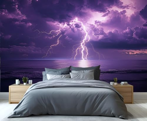 YXQAIED Lightning Wallpaper, Purple Lightning Wallpaper for Bedroom Night View of The Ocean Living Room Wallpapers, Purple Dark Clouds 3D Photo Murals for Bathroom, 200x140cm (Not Peel and Stick)