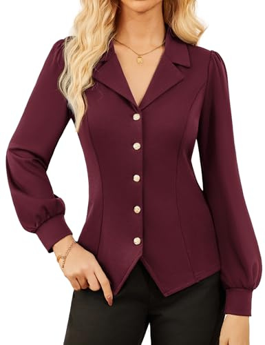 GRACE KARIN Lantern Sleeve Blouse for Women UK V-Neck Elegant Vintage Wrap Blouse Business Office Work Shirt Dark Red XL