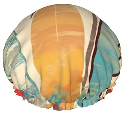 Surfbrett Palme Duschhaube für Damen und Herren, große wiederverwendbare Duschhaube, doppellagig, wasserdicht, Badekappen, elastisches Band, Haarmütze für alle Frisuren, reisefreundlich