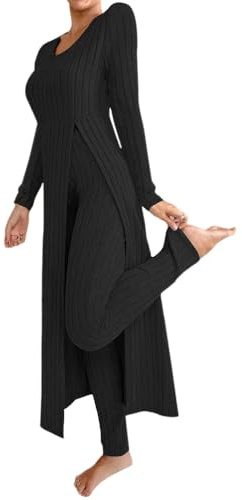 shownicer Damen Zweiteiler Hosenanzug 2 Teiler Set Strickanzug Langarm Gerippt Top und Leggings Loungewear Sets Zweiteiler Outfit Freizeitanzug Casual Jogginganzug