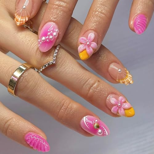 Xanthelle Press On Nails, 24 Pieces Stick-On Nails Summer, Short Almond Fake Nails with Pearls & 3D Seashell Design, Artificial French Nails for Women