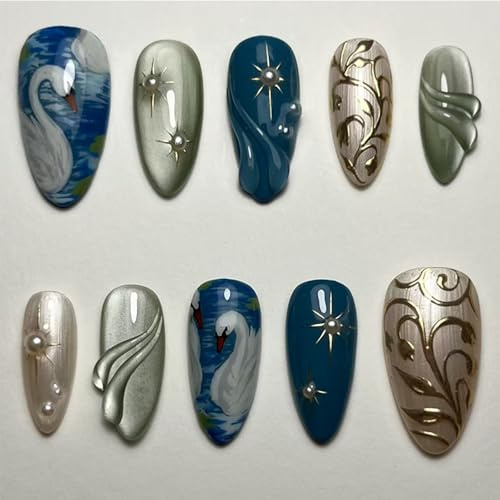 Nymora Press On Nails - 24 Stück Himmelsblaue Mandelförmige Kunstnägel zum Aufkleben, Künstliche Nägel mit Nagelkleber und Feile für Frauen Mädchen