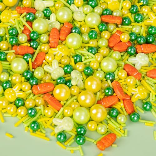 Essbare Hasen & Karotten Streusel,130g,Gelb-Grüne Deko für Kuchen,Cupcakes | Bunter Hasen,Karotten&Jimmies Streuseln in Gelb&Grün für Cupcakes,Kekse,Donuts,Kindergeburtstag,Sommerfeste,Farm&Gartenparty