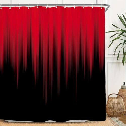 AJALGZ Rot-schwarzer Ombré-Duschvorhang mit weißen Haken, Farbverlauf-Badevorhang für Moderne Badezimmer, Burgunderrot-Schwarz-Farbverlauf (80 x 190 cm/Waschbar)