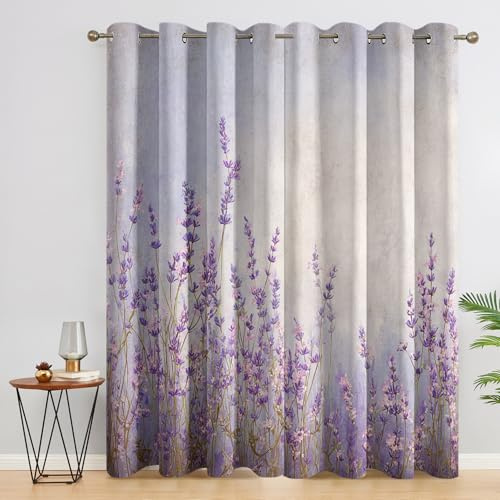 DITHYRAM Lavendel Blumen Vorhang Mit ösen Blickdicht, Lila Wildblumen Blümchen Vorhänge Schlafzimmer Wohnzimmer Küche 140 x 160 cm Lang, Übergardinen Innen Verdunklungsvorhänge