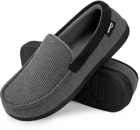 HomeTop Men's Comfort Memory Foam Moccasin Slippers, Breathable Cotton Knit Terry Cloth House Shoes for Indoor Outdoor (11 D(M) US, Dark Gray)