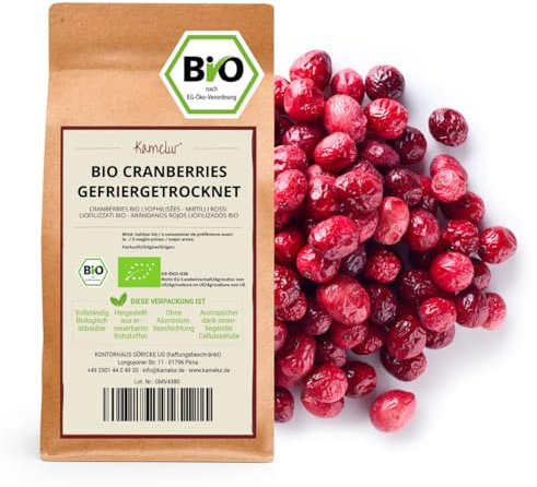 250g di mirtilli rossi BIO liofilizzati - frutti biologici interi secchi, senza additivi e in confezione biodegradabile