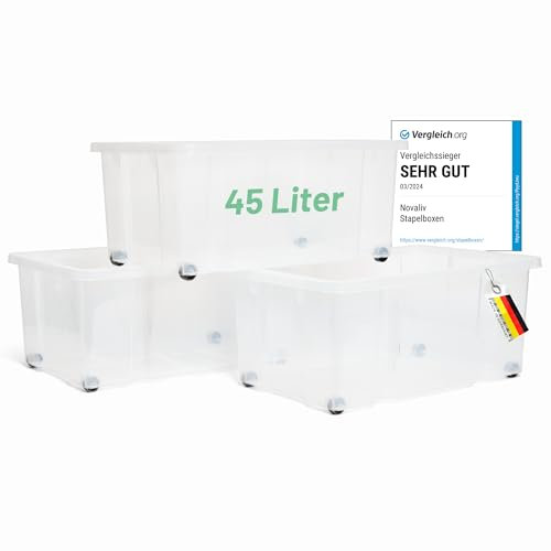 Novaliv 3x Aufbewahrungsboxen ohne Deckel Groß 45L transparente Nestbar stapelbar Rollboxen Kunststoff BPA-frei 59x39x25 cm