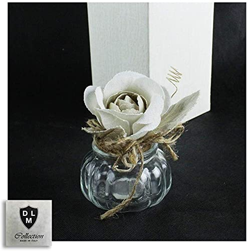 DLM-29922 (Kit 6 Pezzi) Barattolo in Vetro con Rosa Fiore Bianco Shabby Chic Portaconfetti Matrimonio Battesimo Comunione Cresima bomboniera