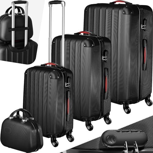 TecTake® Hard Shell Suitcase Set, Lightweight Suitcases with TSA Lock, Incl. Large, Medium, Small Carry On Suitcase & Beauty Case, Ergonomic Telescopic Handles & 360° Removable Wheels - Black