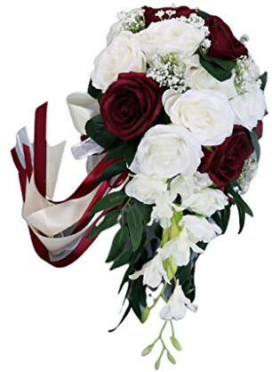 DALIN Romantische Hochzeit Braut Wasserfall Bouquet Künstliche Rosen Blumen mit Band