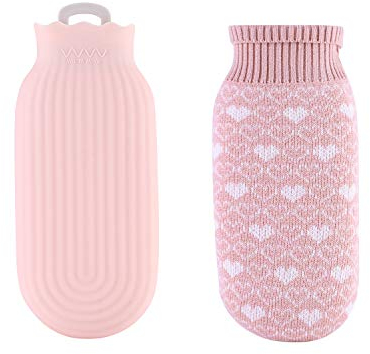 Wärmflasche mit Strickbezug Abnehmbare und Waschbare Wärmeflasche Heizbare Bettflasche Handwärmer mit Wassereinspritzung Warmwassersack Heißwassersack für Erwachsene Kinder Wärmekissen
