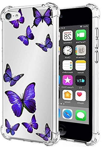 Vavies Schutzhülle für iPod Touch 7/iPod Touch 6/iPod Touch 5 Case Schlankes stoßfestes Hülle mit transparentem Blumenmuster, weich-Flexibler TPU-Schutz Handyhülle für iPod Touch 7 Lila-Schmetterling