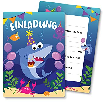 Friendly Fox Shark Einladungskarten Geburtstag, 12 Einladungen zum Kindergeburtstag Hai, DIN A6 Einladung mit Umschlag