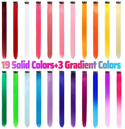 22 PCS Rainbow Colored Hair Extensions Clip In for Girls 22 Inch Colorful Straight Extensions for Party Highlights Accessories Hair Pieces for Women