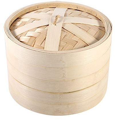 Joyzan Vaporera de Bambú, 22 Cm Cesta vaporizador con Tapa Vegetal 2 Niveles Paredes Impermeables una Olla Extraíble Cocina Saludable para Arroz Dim Sum Verduras Pescado o Carne Sushi Albóndigas