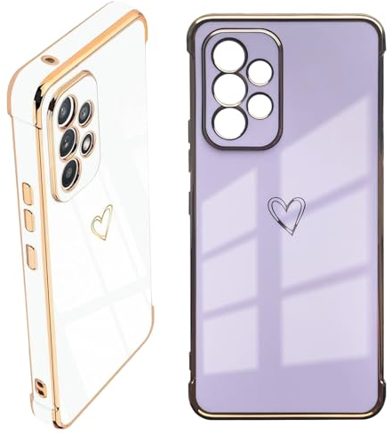 DSOIYIC 2 Stück Handyhülle für Samsung Galaxy A53 5G Hülle, Mädchen Liebe Herz Muster Goldener Schutzhülle Dünn Weich TPU Stoßfest Case mit Kameraschutz - Violett und Weiß