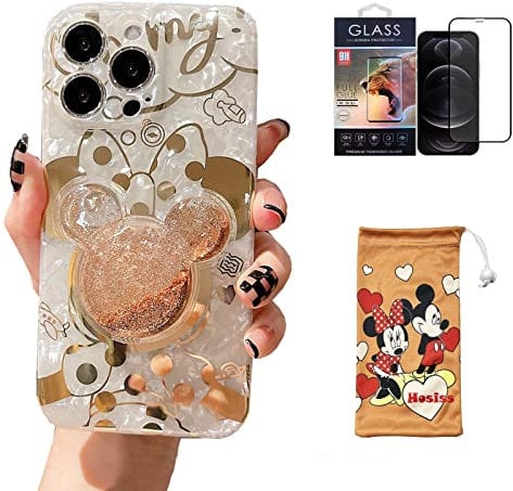 Hosiss Cartoon Case for iPhone 14 Pro Max 6.7 with HD Screen Protector, Minnie Mouse with Quicksand Cell Phone Holder Strap Soft TPU Shockproof Protective for Girls Women