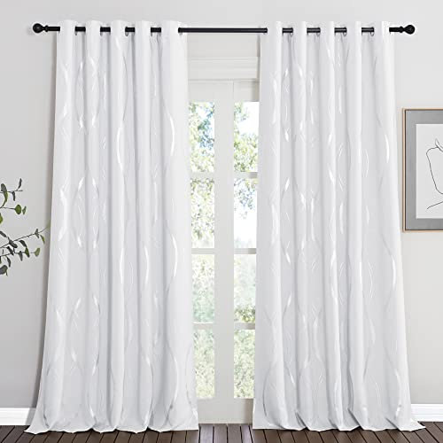 PONY DANCE Blackout Silver Wave Line Curtains - Thermal for Living Room Door, Bedroom Kids, Greyish White, 66 Inch Wide, 2 Panels Window Drapes