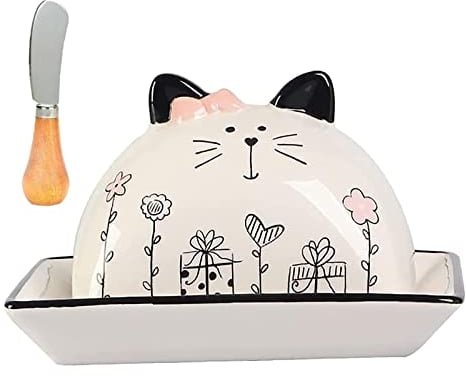 LOGEA Butter Bowls Ceramic Butter Dish With Butter Knife and Lid White Cheese Box Cute Cat Dessert Tray Butter Pan Home Hotel Dishes,Chrome