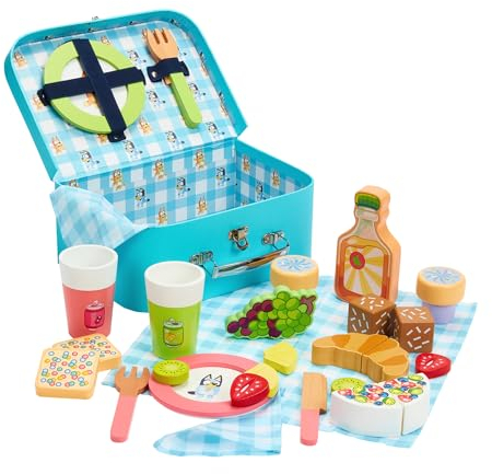Bluey Picknickkorb-Set - 30-teiliges Rollenspiel-Spielzeug aus Holz mit Tragetasche, Besteck & Lebensmittelzubehör für Kinder - FSC-zertifiziertes Material - lustiges fantasievolles Set ab 3 Jahren