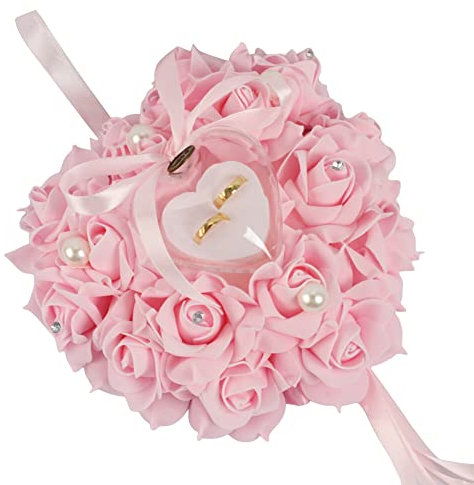 BYNYXI Ringkissen Hochzeit Herzförmig, 20cm Romantische Rosen Herzform Ringkissen Schaumstoff Rose Ring Box Hochzeit Gastgeschenk Schmuckschatull Rose Band Ringkissen Ringhalter für Eheringe Verlobung